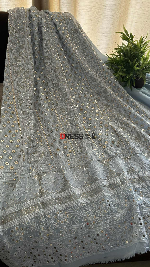 Powder Blue Ring Mukaish Chikankari Suit Chikankari Suits