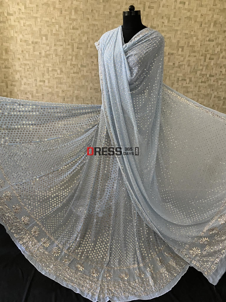 Powder Blue Ring Mukaish Lehenga Set Chikankari
