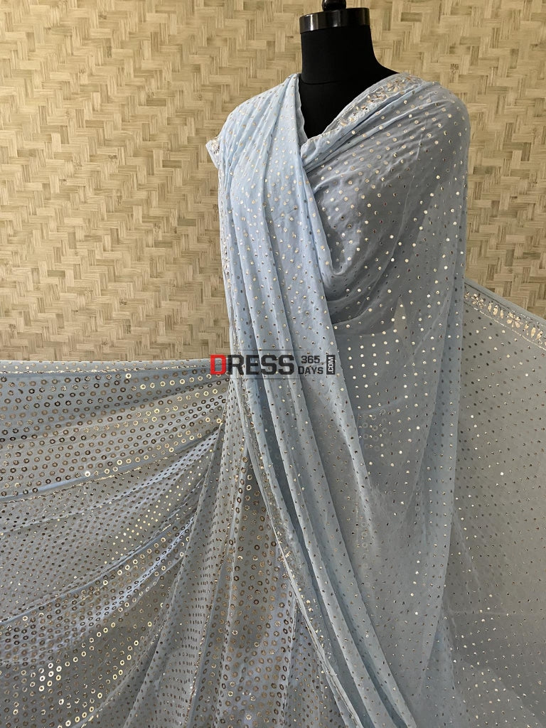 Powder Blue Ring Mukaish Lehenga Set Chikankari