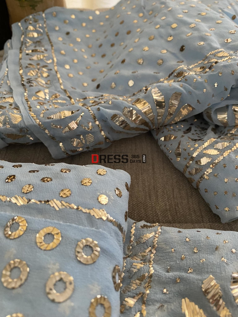Powder Blue Ring Mukaish Lehenga Set Chikankari