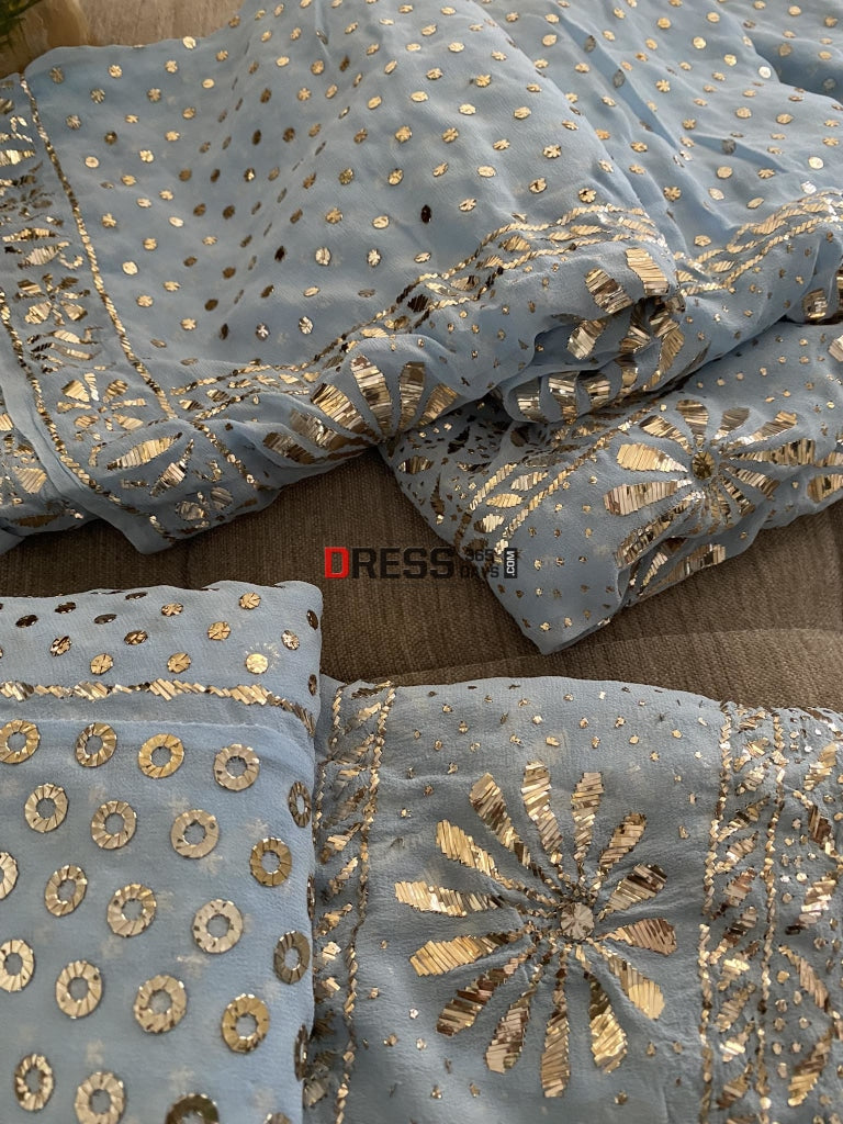 Powder Blue Ring Mukaish Lehenga Set Chikankari