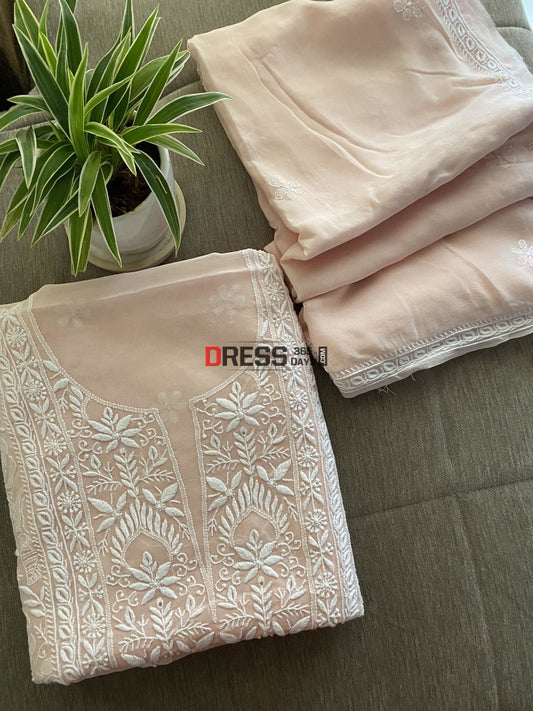 Powder Pink Fine Chikankari Kurta Dupatta Set Suits