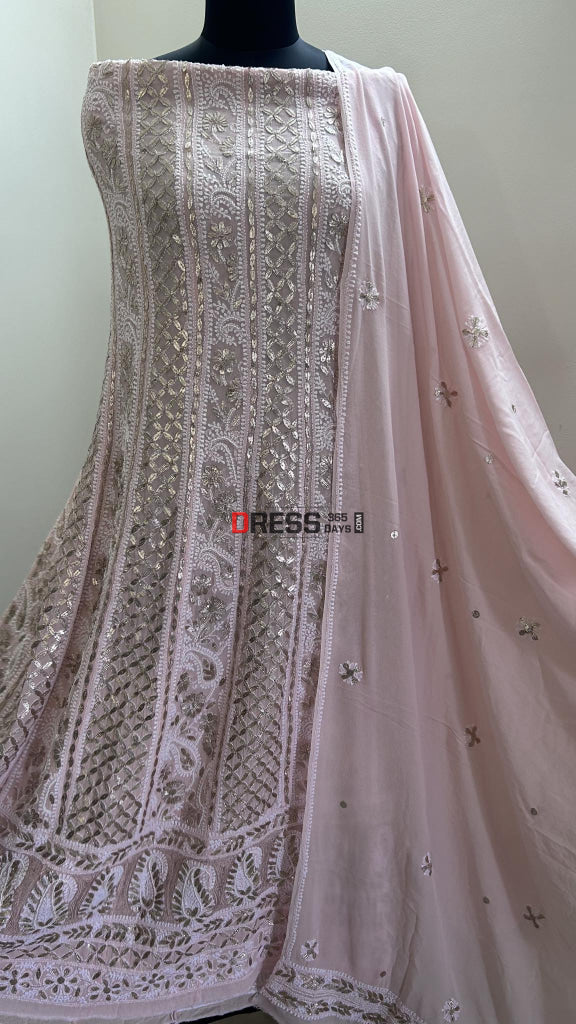 Powder Pink Gota Patti & Pearl Chikankari Anarkali Suit