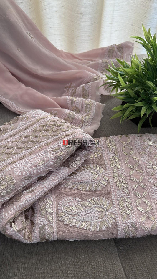 Powder Pink Gota Patti & Pearl Chikankari Anarkali Suit