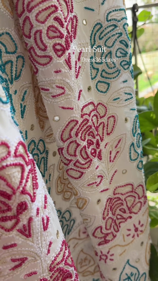 Hand Embroidered Multicolour Pearls Chikankari Suit