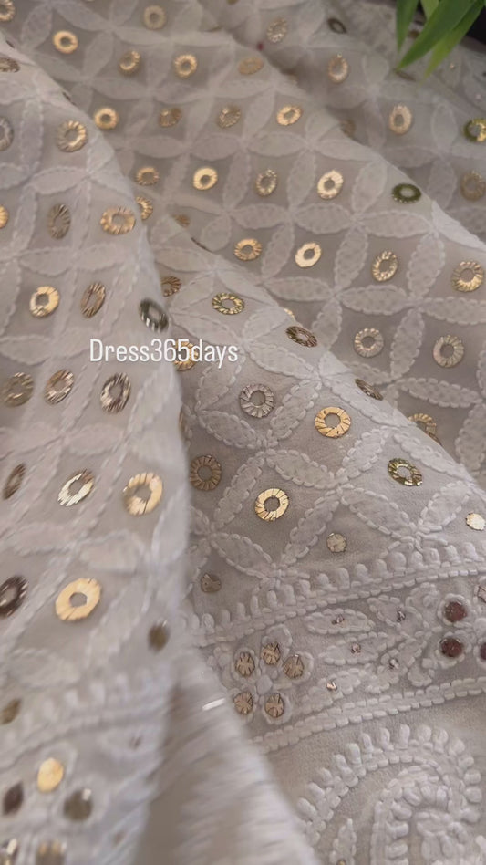 Ivory White Ring Mukaish Chikankari Dupatta