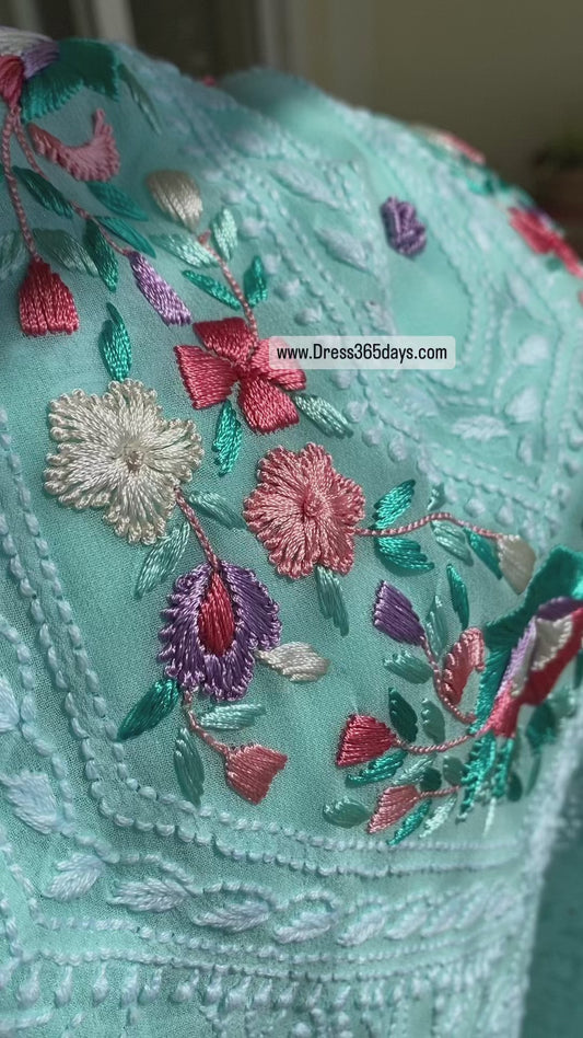 Aqua Green Parsi Gara Neckline Chikankari Suit