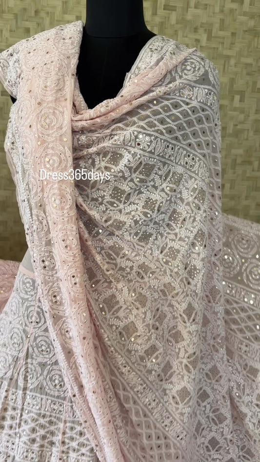 Powder Pink Mukaish Chikankari Lehenga Set