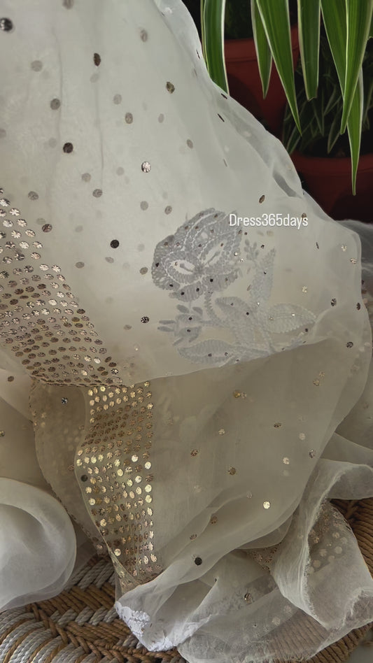 Ivory White Organza Chikankari & Mukaish Saree