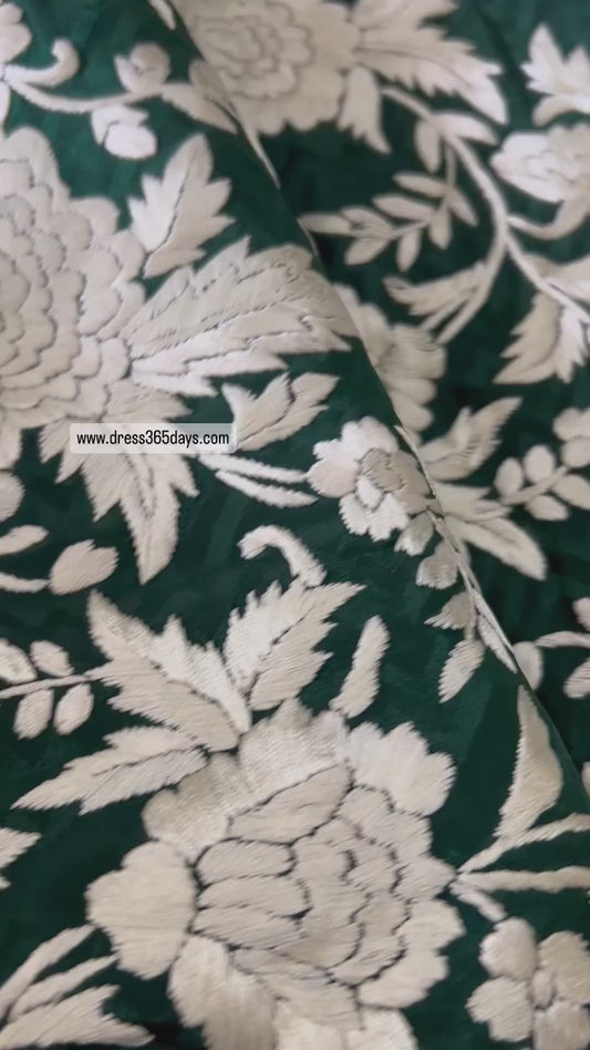 Emerald Green Parsi Gara Saree - Self Design Pure Crepe Silk