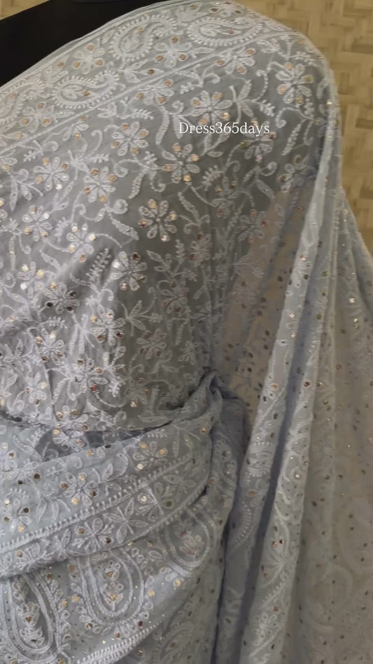 Powder Blue Mukaish Chikankari Saree