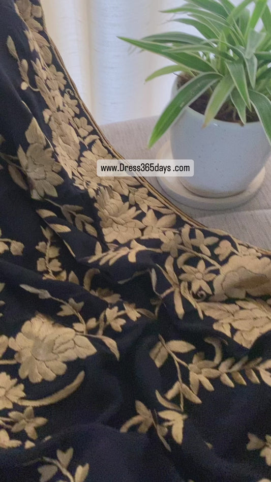 Pre Order Black & Gold Parsi Gara Dupatta - Crepe Silk