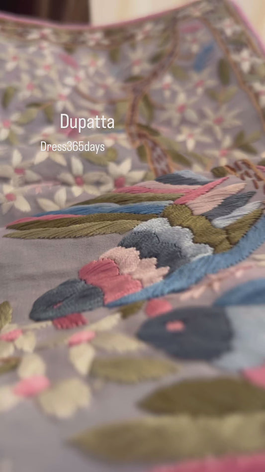 Grey Crepe Silk Parsi Gara Dupatta