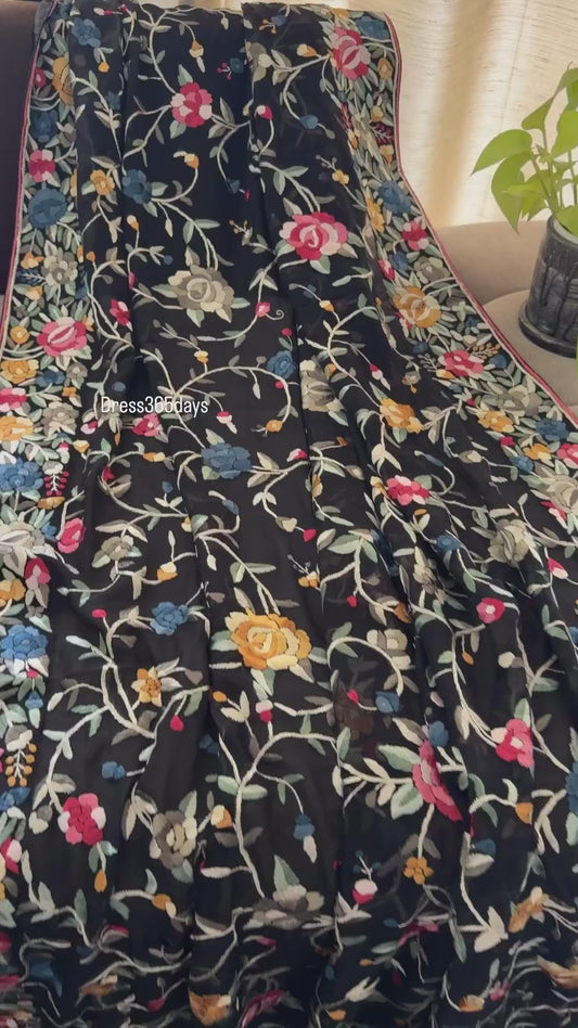 Black Floral Parsi Gara Dupatta with Multicolour Embroidery