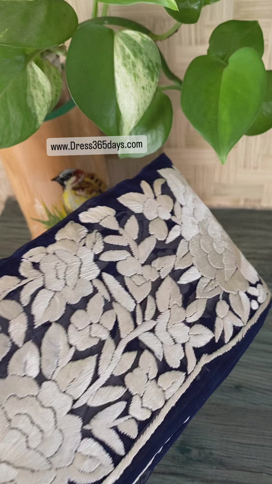 Fine Embroidery Parsi Gara Border- Navy & Ivory