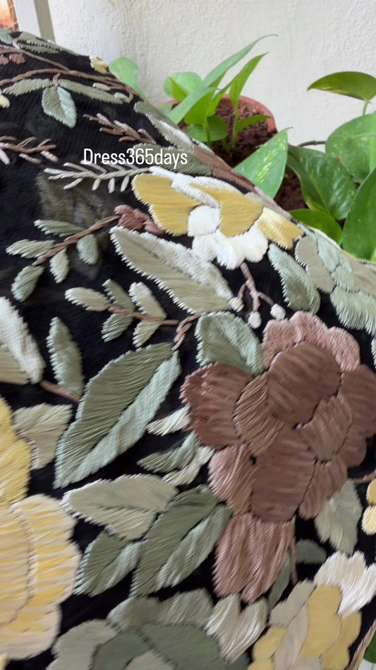 Pre Order Black Parsi Gara Dupatta with Floral Multicolour Embroidery