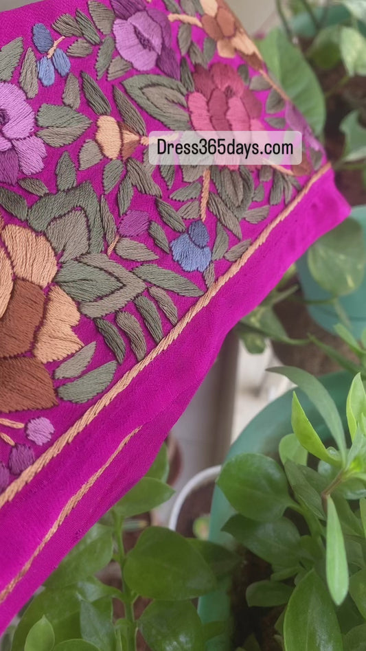 Pink Pure Crepe Parsi Gara Hand Embroidered Border