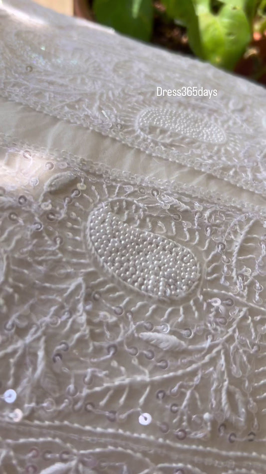 Exclusive White Full Jaal Organza Pearl Sequin Chikankari Suit