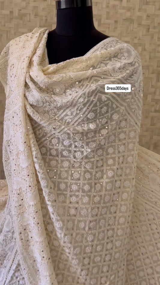 Beige Hand Jaali Mukaish Chikankari Lehenga Set