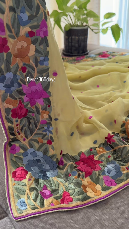 Artisanal Lemon Yellow Parsi Gara Dupatta