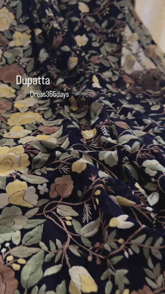 Exclusive Navy Parsi Gara Dupatta with Floral Multicolour Embroidery