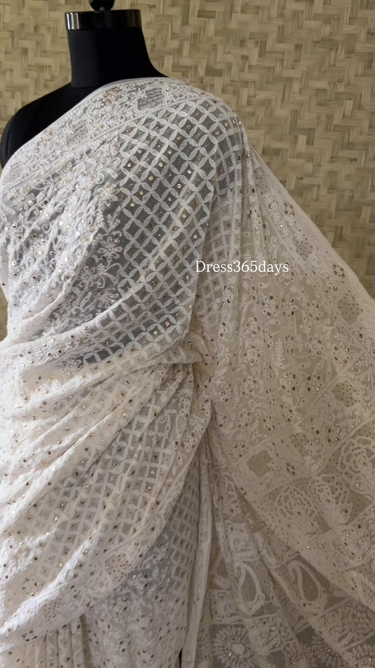 Ivory Pure Georgette Mukaish Chikankari Saree