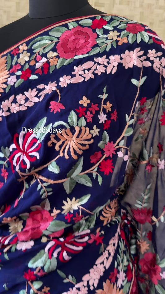 Navy Multicolour Floral Parsi Gara Saree