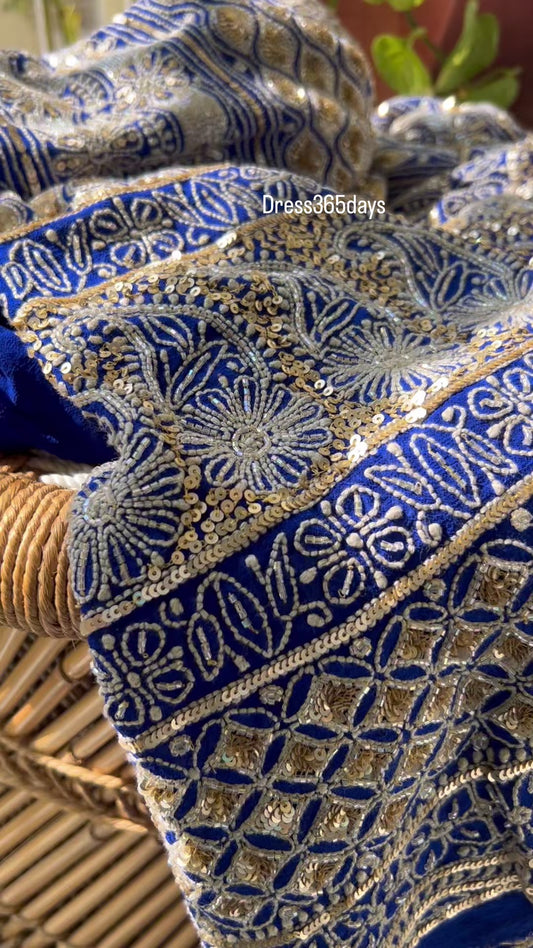 Royal Blue Masterpiece Cut Dana Sequin Chikankari Suit (Kurta & Dupatta)