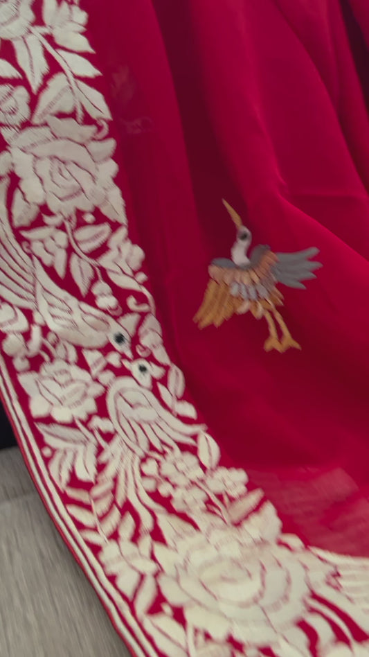 Designer Red Parsi Gara Dupatta for Women