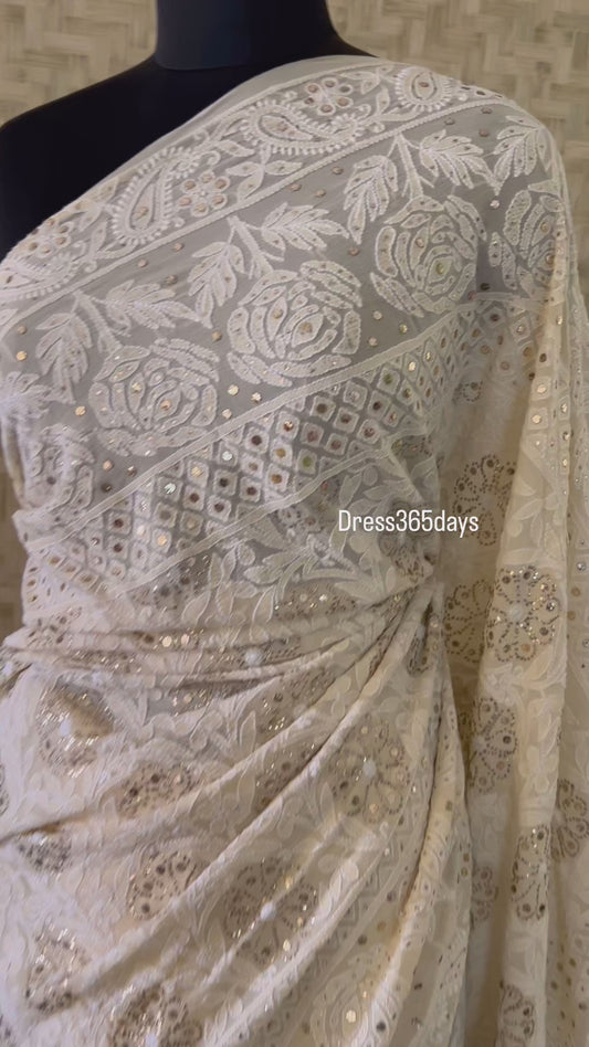 Beige Chikankari Mukaish Saree