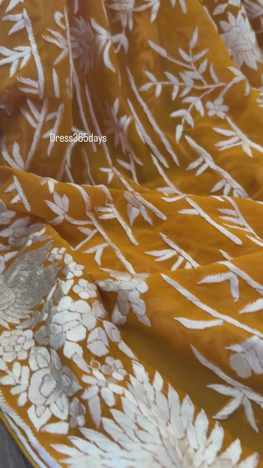Elegant Mustard Yellow Parsi Gara Dupatta