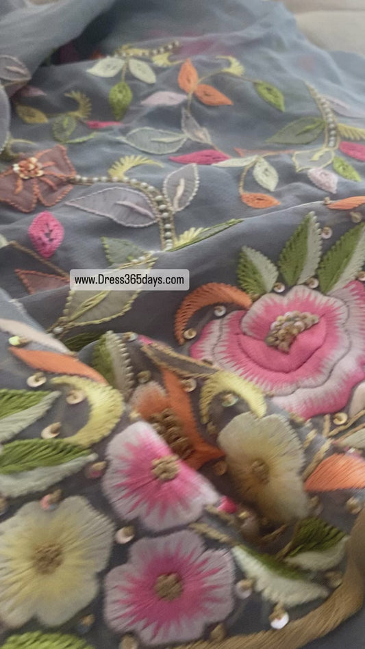 Grey Resham Chikankari Parsi Gara Pearl Suit