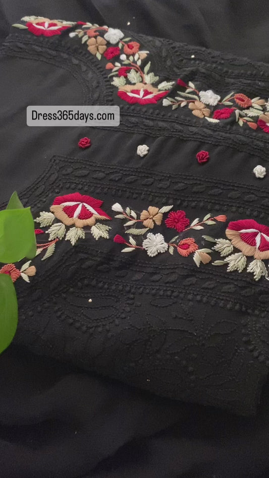 Black Chikankari Suit with Mukaish and Parsi Gara Neckline