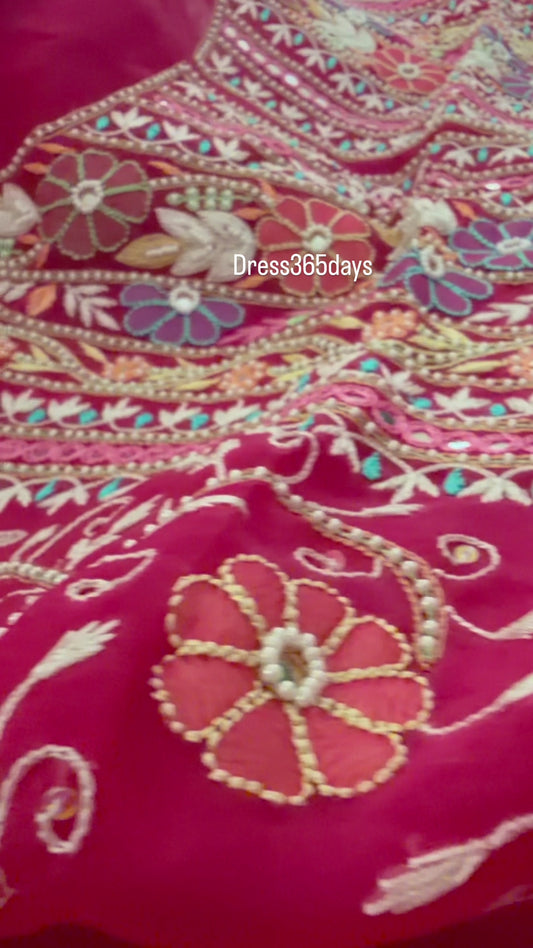 Luxury Pearl Handcrafted Organza Chikankari Suit- Magenta