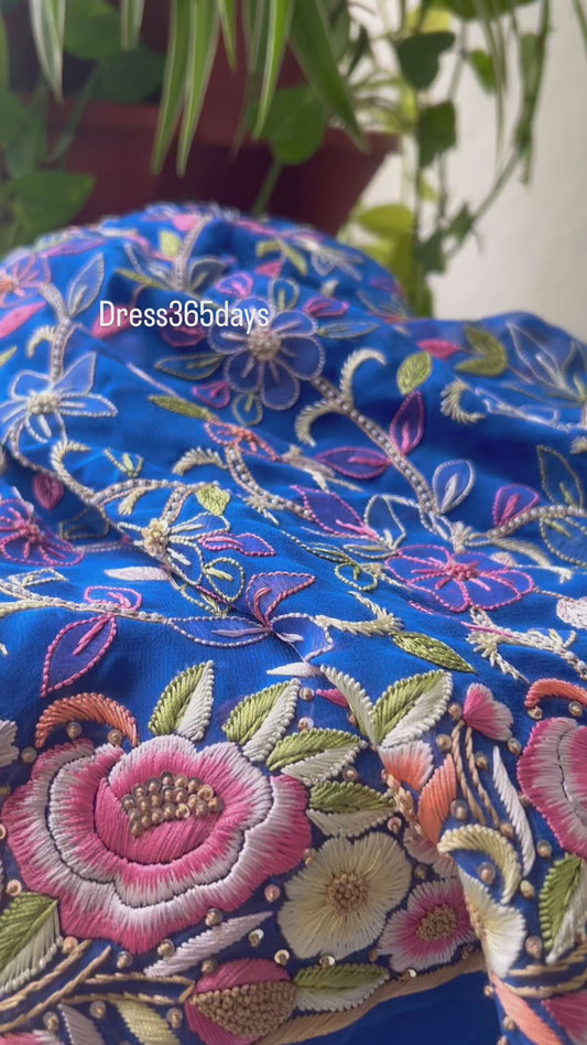Royal Blue Parsi Gara & Chikankari Pearl Suit
