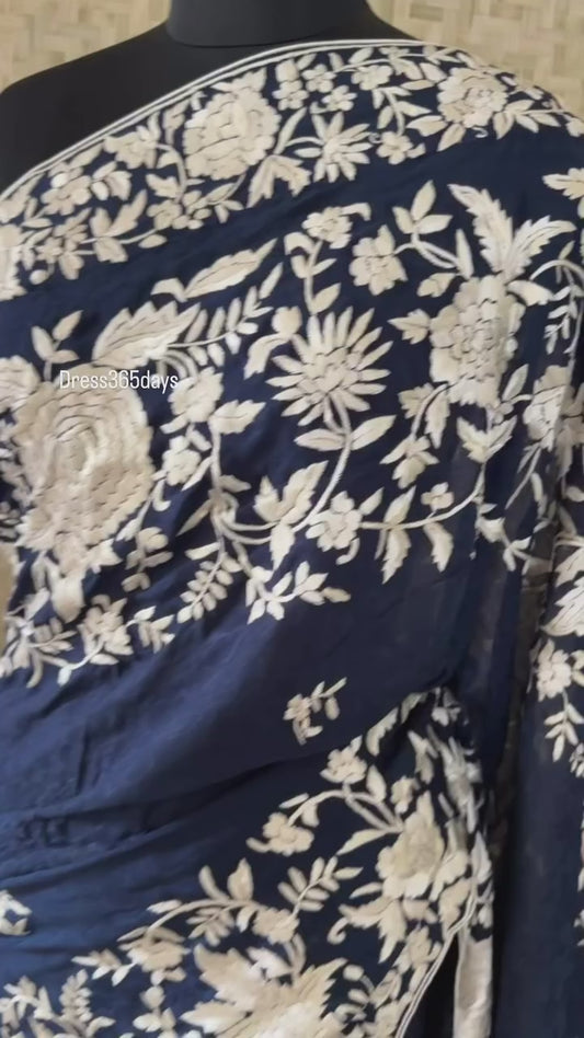 Designer Parsi Gara Saree - Self Design Pure Crepe