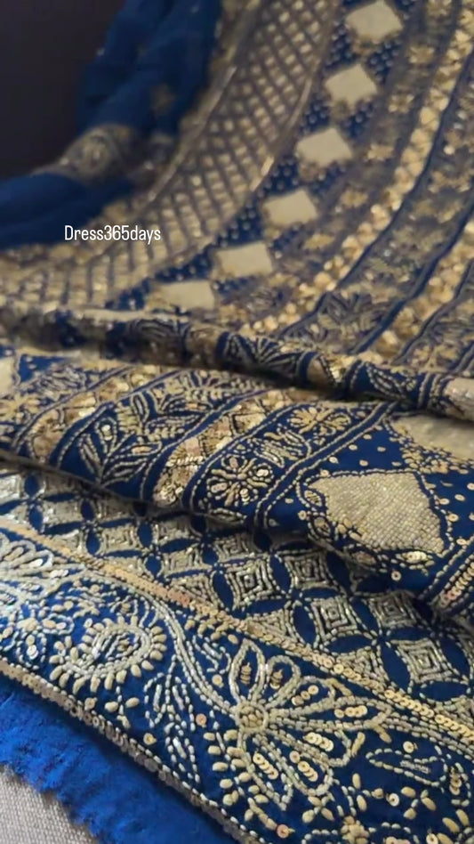 Masterpiece Blue Gold Cut Dana Sequin Chikankari Suit (Kurta & Dupatta)