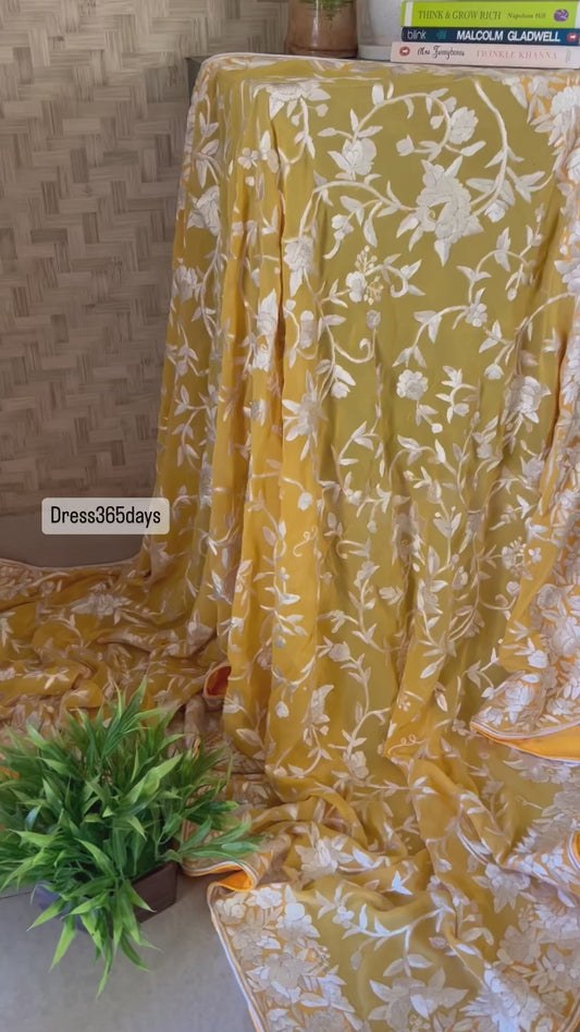 Pre Order Hand Embroidered Yellow Parsi Gara Dupatta