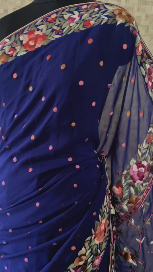 Designer Navy Parsi Gara Pure Georgette Saree