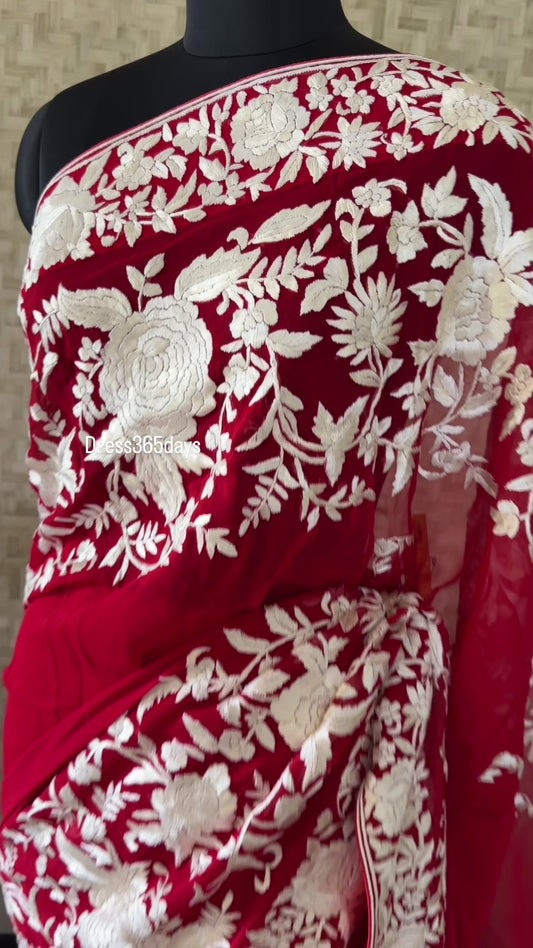 Heirloom Red Ivory Parsi Gara Saree