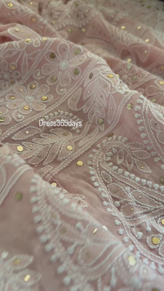 Oyster Pink Lucknowi Chikankari Mukaish Saree