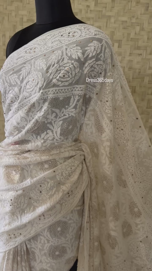 Ivory White Lucknowi Mukaish Saree