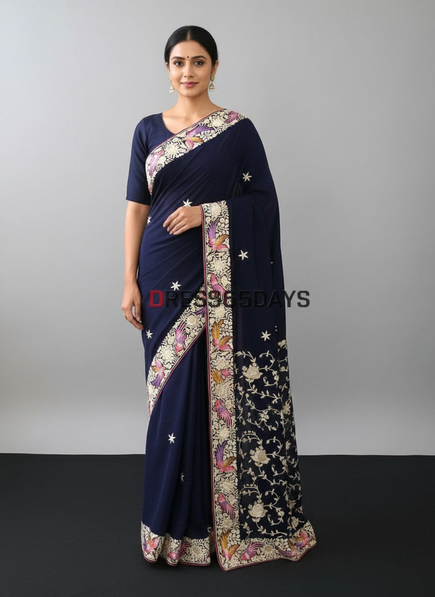 Pre Order Crepe Silk Navy Multicolour Parsi Gara Saree