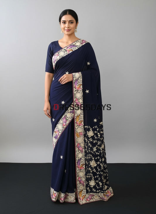 Pre Order Crepe Silk Navy Multicolour Parsi Gara Saree