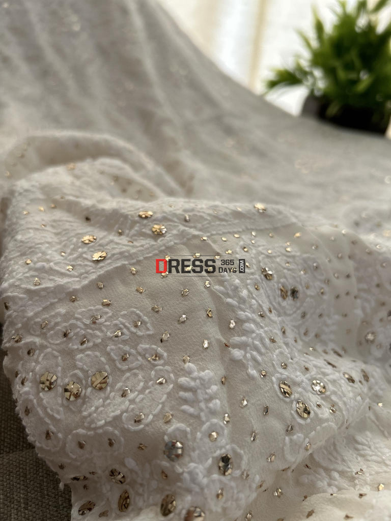 Pure Georgette Ivory White Lucknowi Chikankari Mukaish Suit Suits