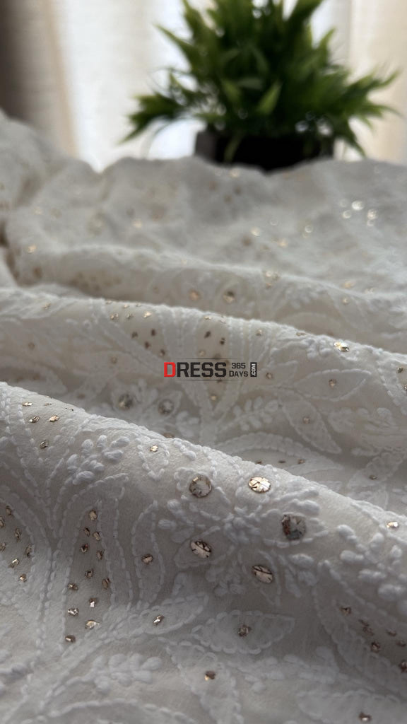 Pure Georgette Ivory White Lucknowi Chikankari Mukaish Suit Suits