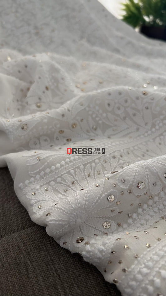 Pure Georgette Ivory White Lucknowi Chikankari Mukaish Suit Suits