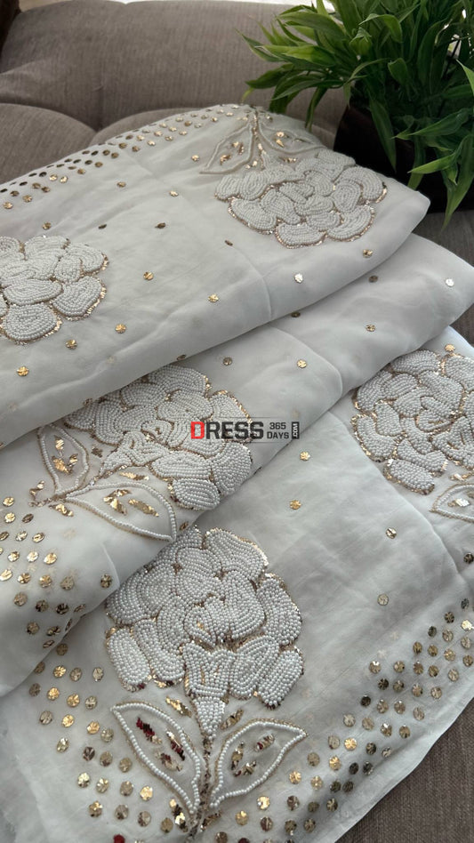 Pure Georgette Pearl & Kamdani Saree Chikankari Saree