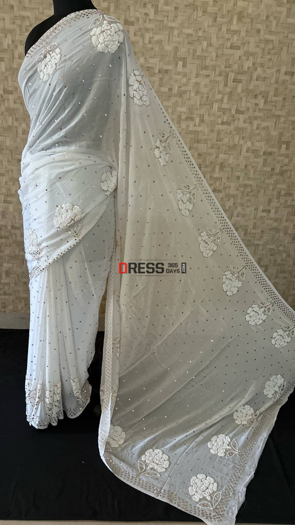 Pure Georgette Pearl & Kamdani Saree Chikankari Saree