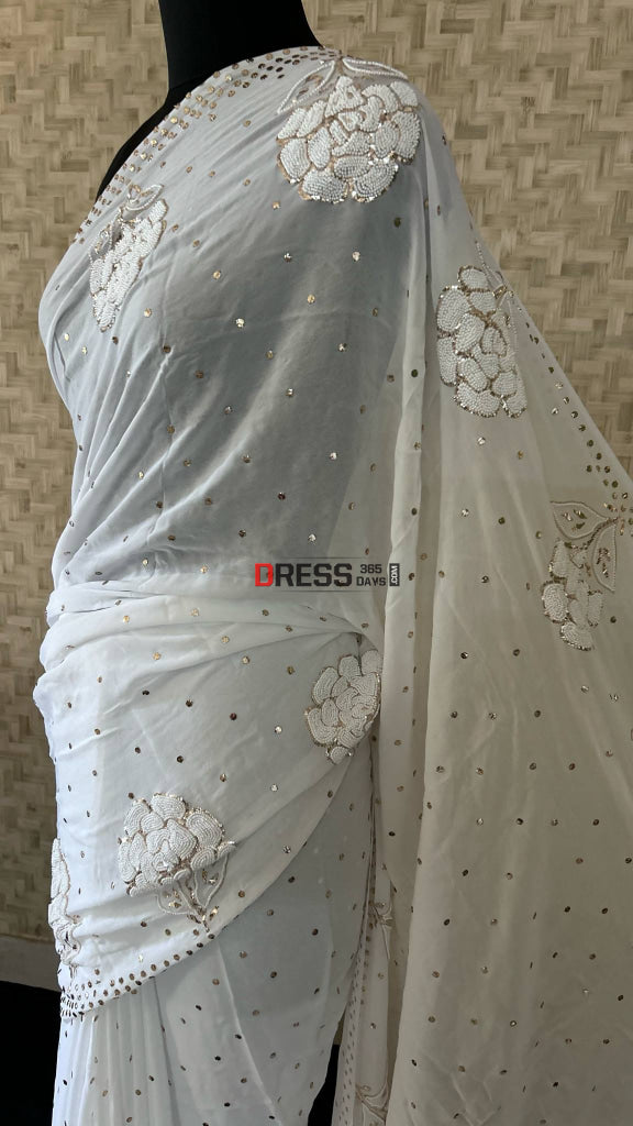Pure Georgette Pearl & Kamdani Saree Chikankari Saree